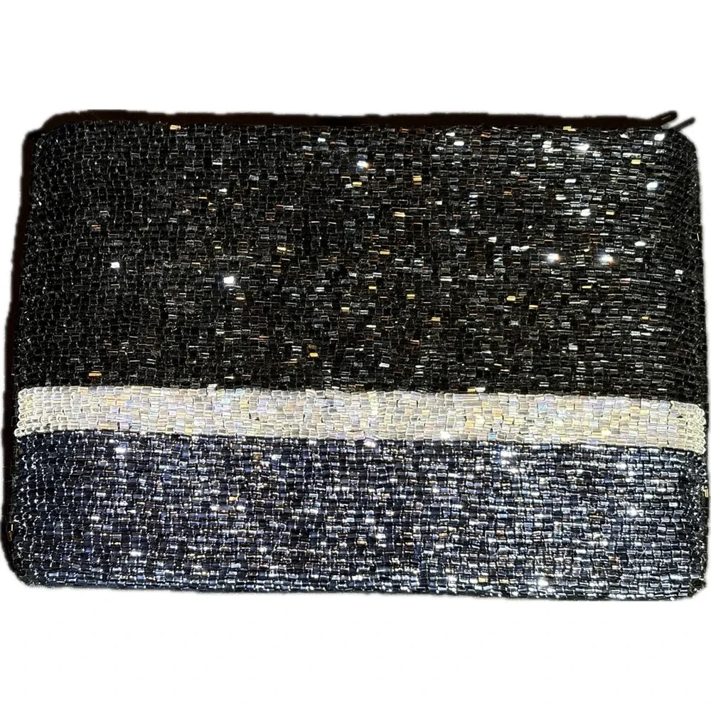 Unbranded Beaded Clutch Evening Bag Black Silver Bugle Bead 7x4.5 Small Pouch